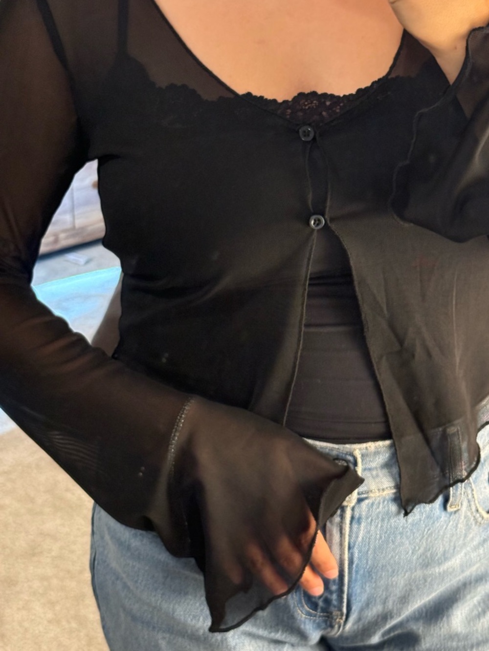 Sheer Black Lace-Trim Button Top